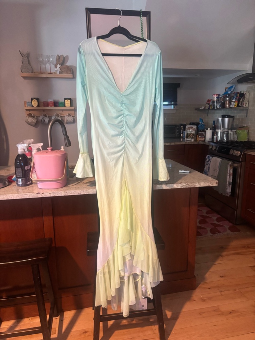 Muse Long Ombre Ruffle-Hem Dress in Mint and Pale Yellow
